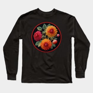 Fiery Dahlias Embroidered Patch Long Sleeve T-Shirt